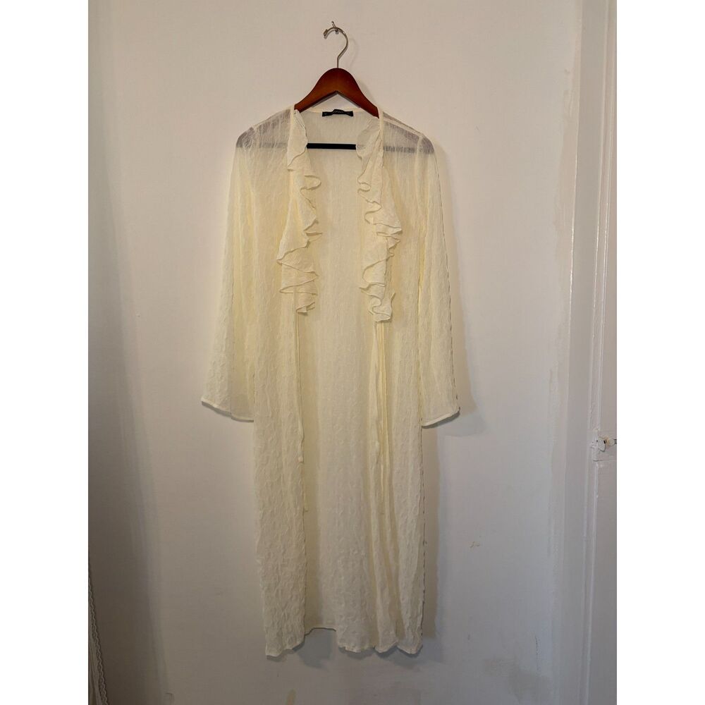 Cream Sheer Crinkled Longline Duster Cardigan